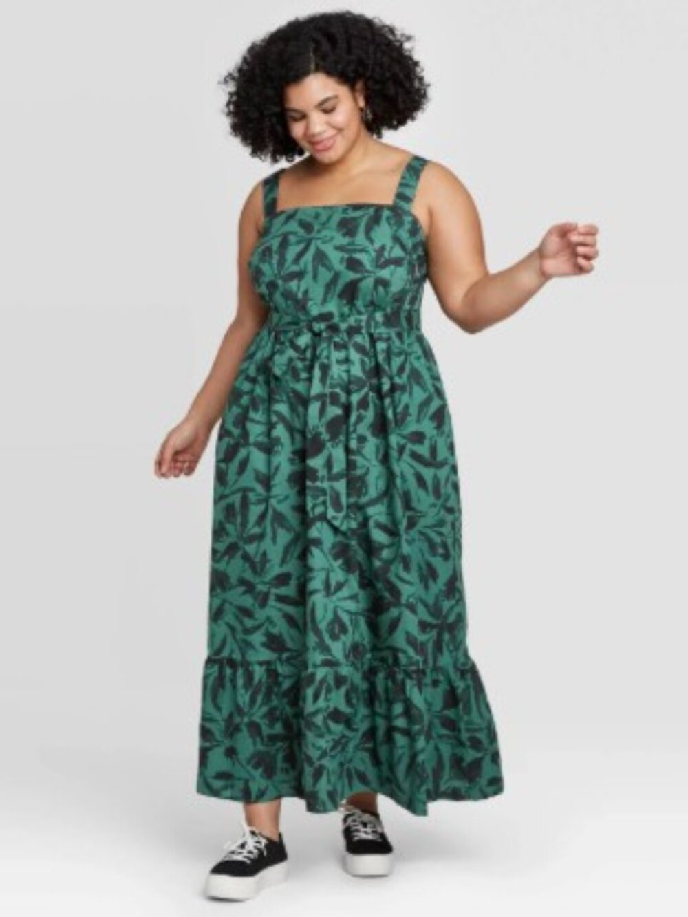 Ava & VIv Green Black Floral Sleeveless Sun Maxi Flounce Ruffle XXL NWOT